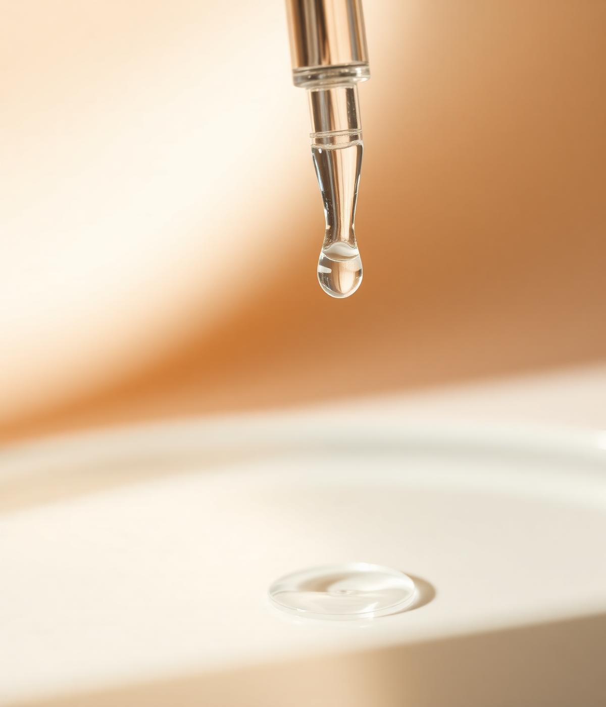 Luxury peptide serum for skin barrier repair — clear droplet from glass pipette